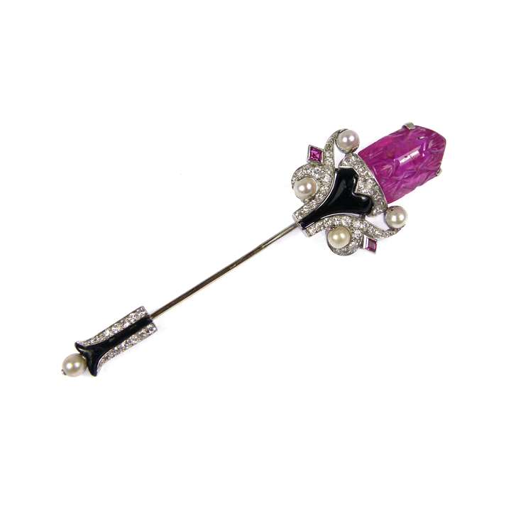 Carved ruby, black enamel, diamond and pearl jabot pin